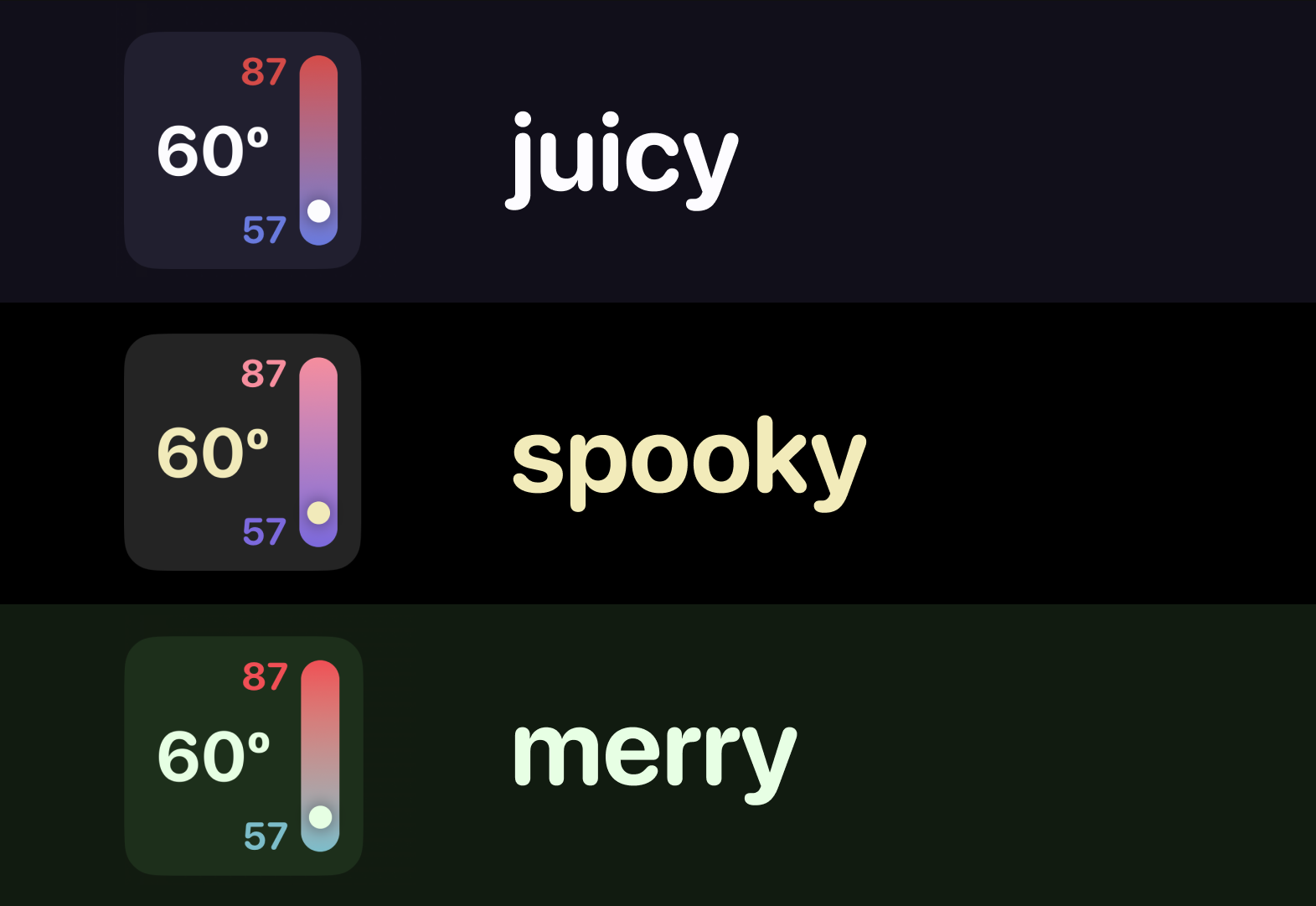 Widgets in each theme: juicy, spooky, and merry